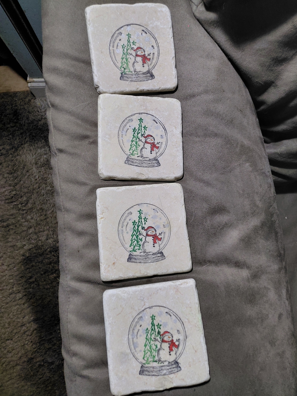 Holiday Snowman 4" x 4" Stone Coaster Set - Neutral with Red and Green Accents